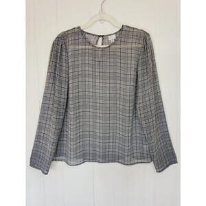 Black White Sheer Plaid Blouse Long Sleeve Workwear Old Money Classic Top L